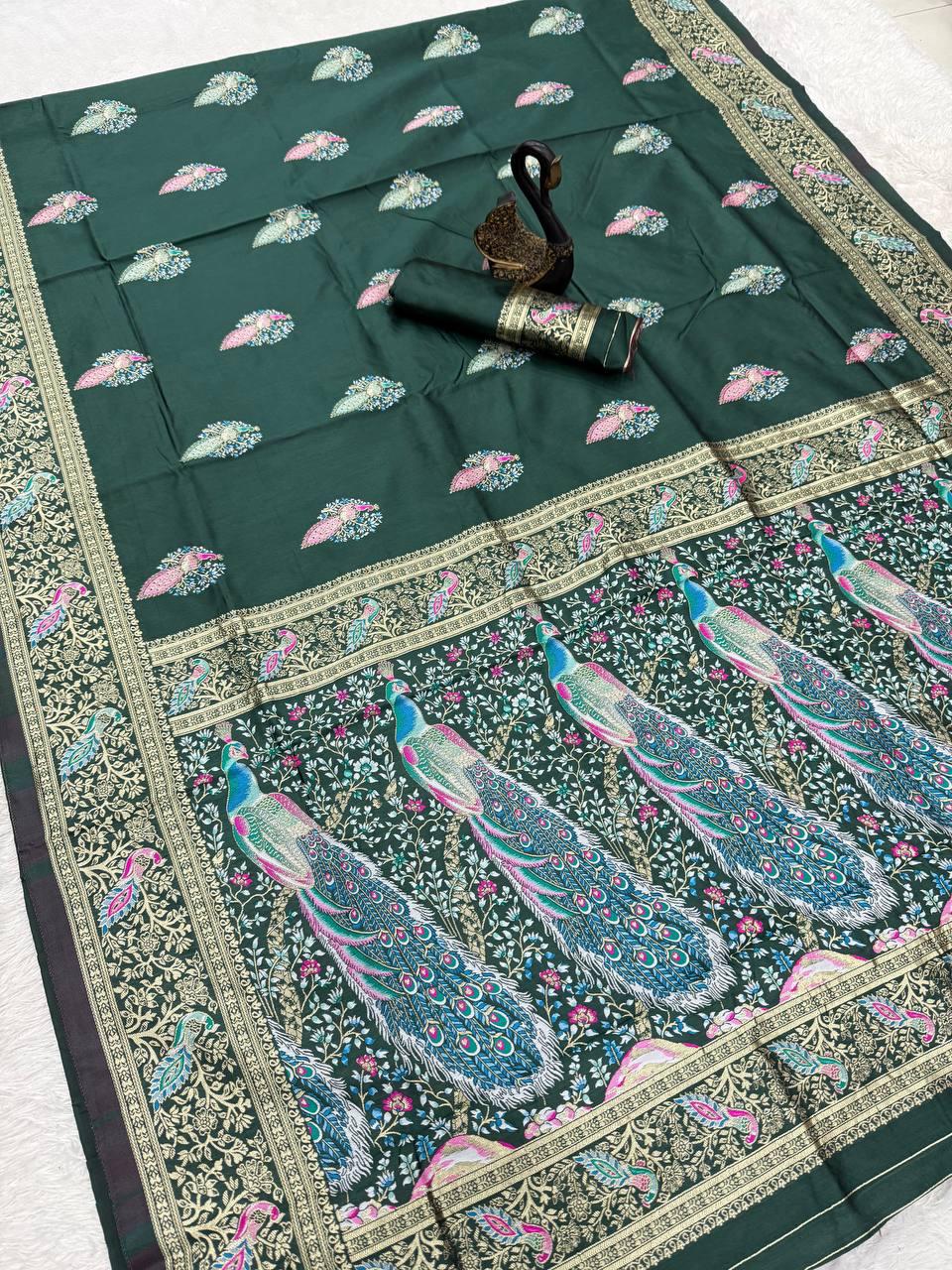 Flattering Dark Green Blue Soft Banarasi Silk Saree With Desuetude Blouse Piece