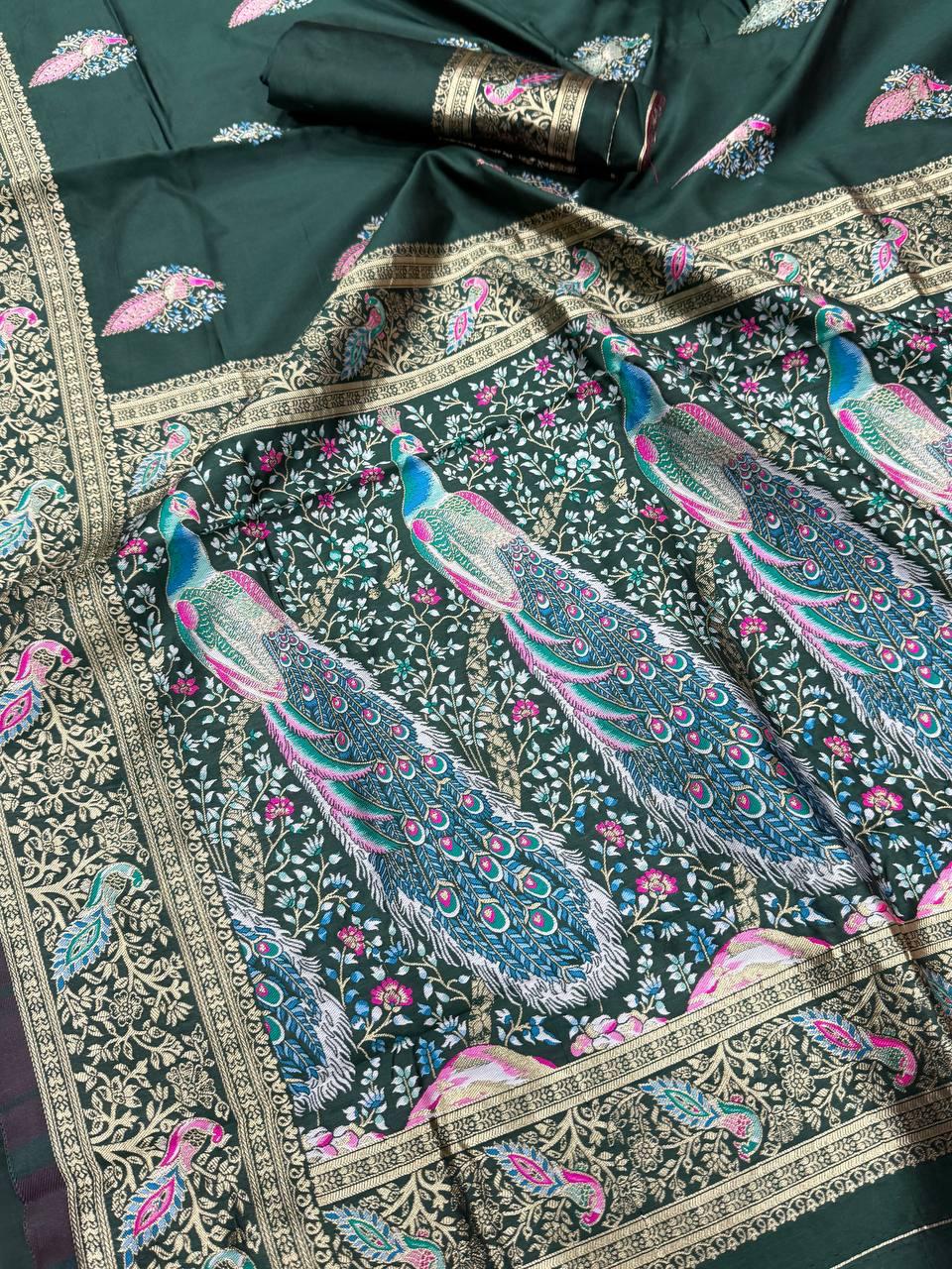 Flattering Dark Green Blue Soft Banarasi Silk Saree With Desuetude Blouse Piece