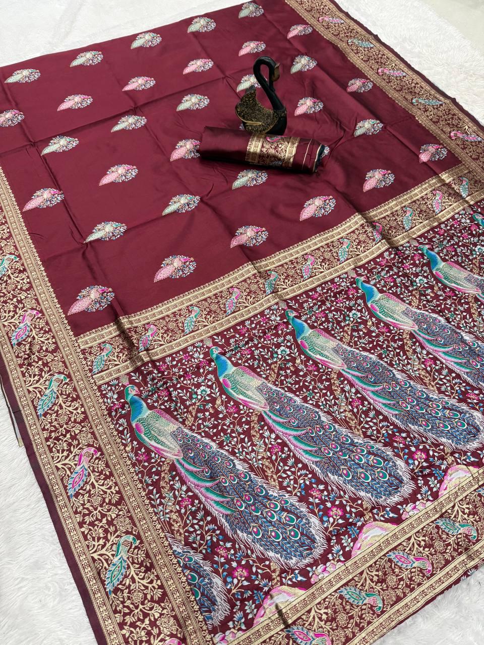 Exquisite Maroon Soft Banarasi Silk Saree With Assemblage Blouse Piece