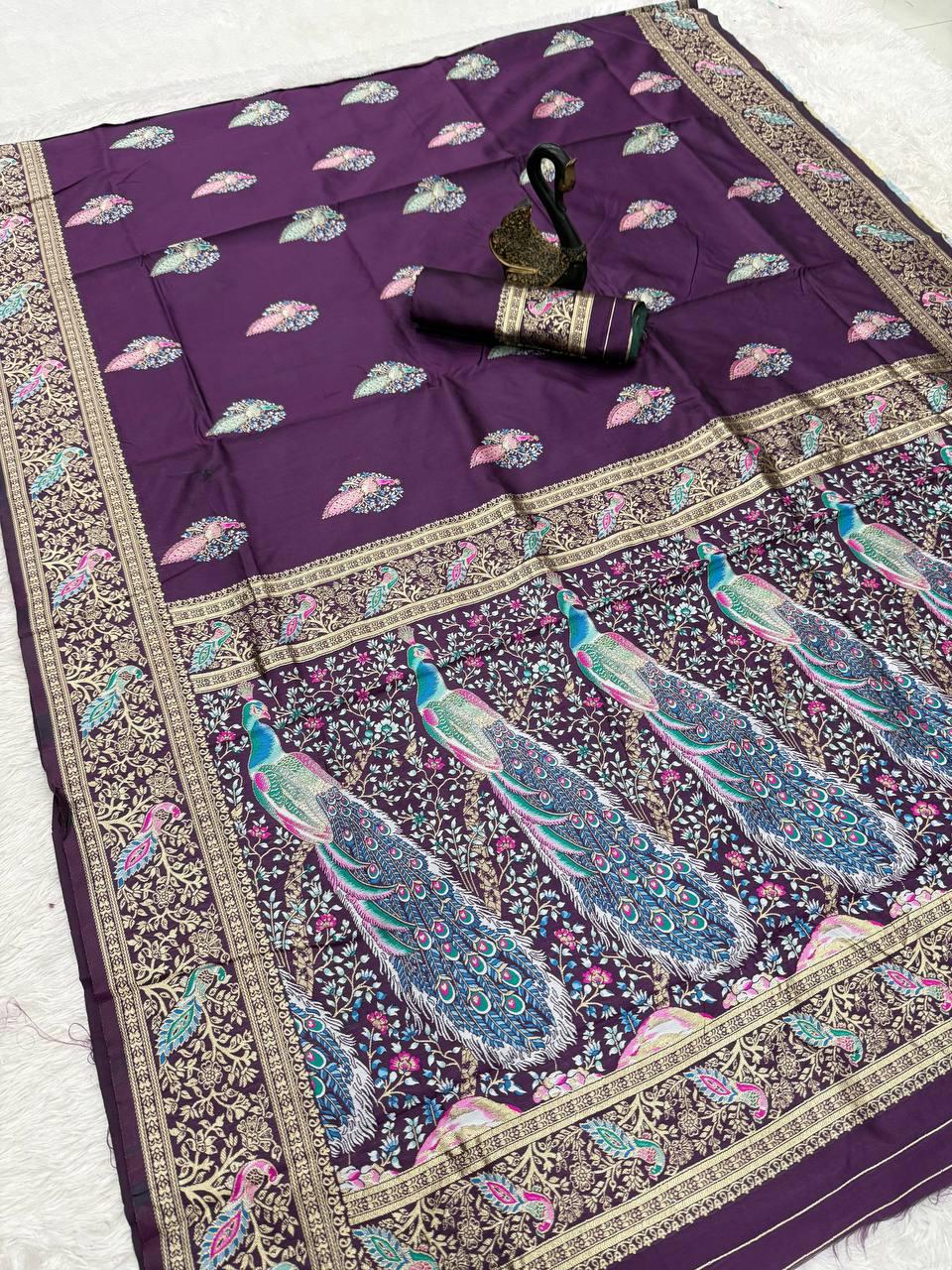 Glamorous Navy Blue Soft Banarasi Silk Saree With Outstanding Blouse Piece