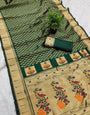 Enthralling Dark Green Paithani Silk Saree With Alluring Blouse Piece