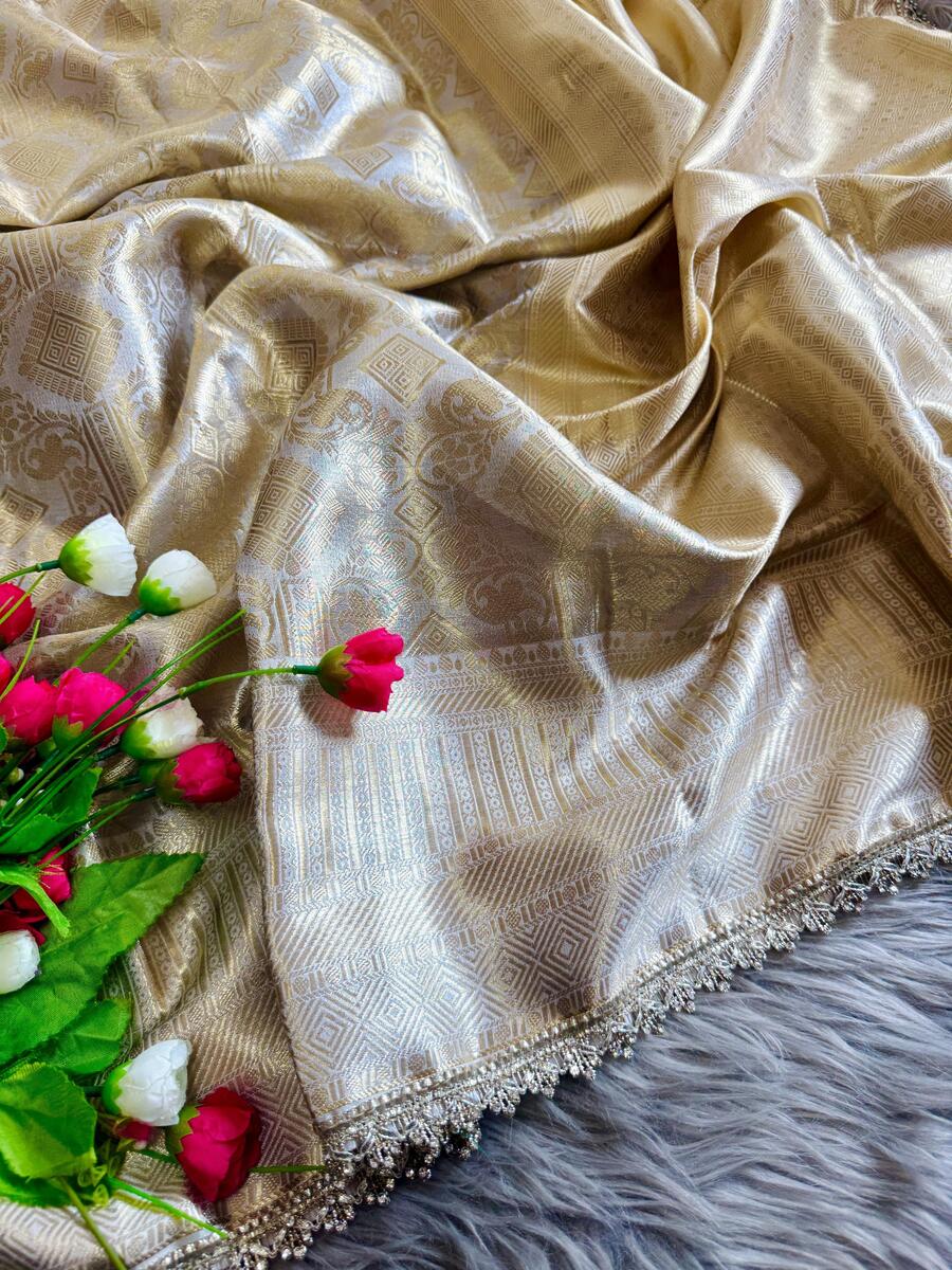 Most Flattering Beige Soft Tissue Silk Saree With Prodigal Blouse Piece