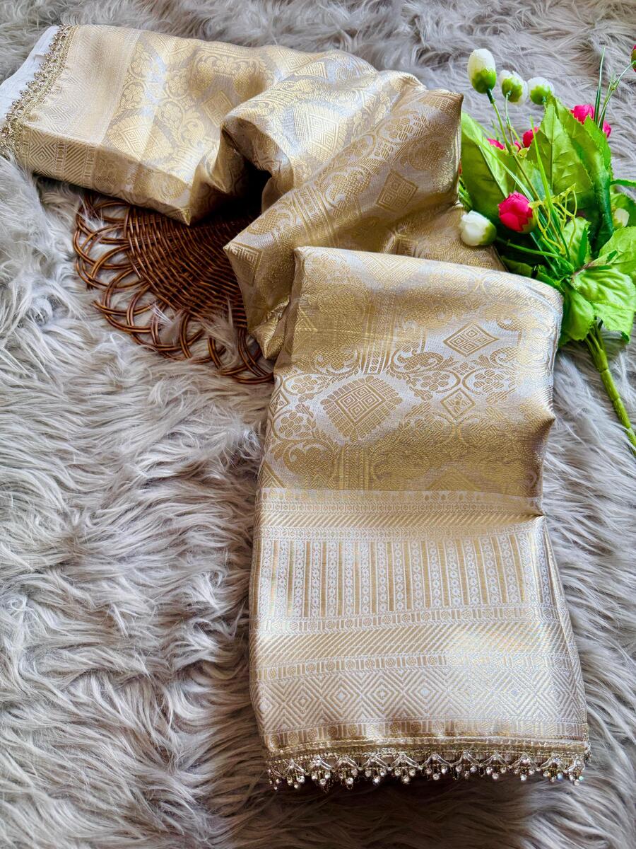 Most Flattering Beige Soft Tissue Silk Saree With Prodigal Blouse Piece