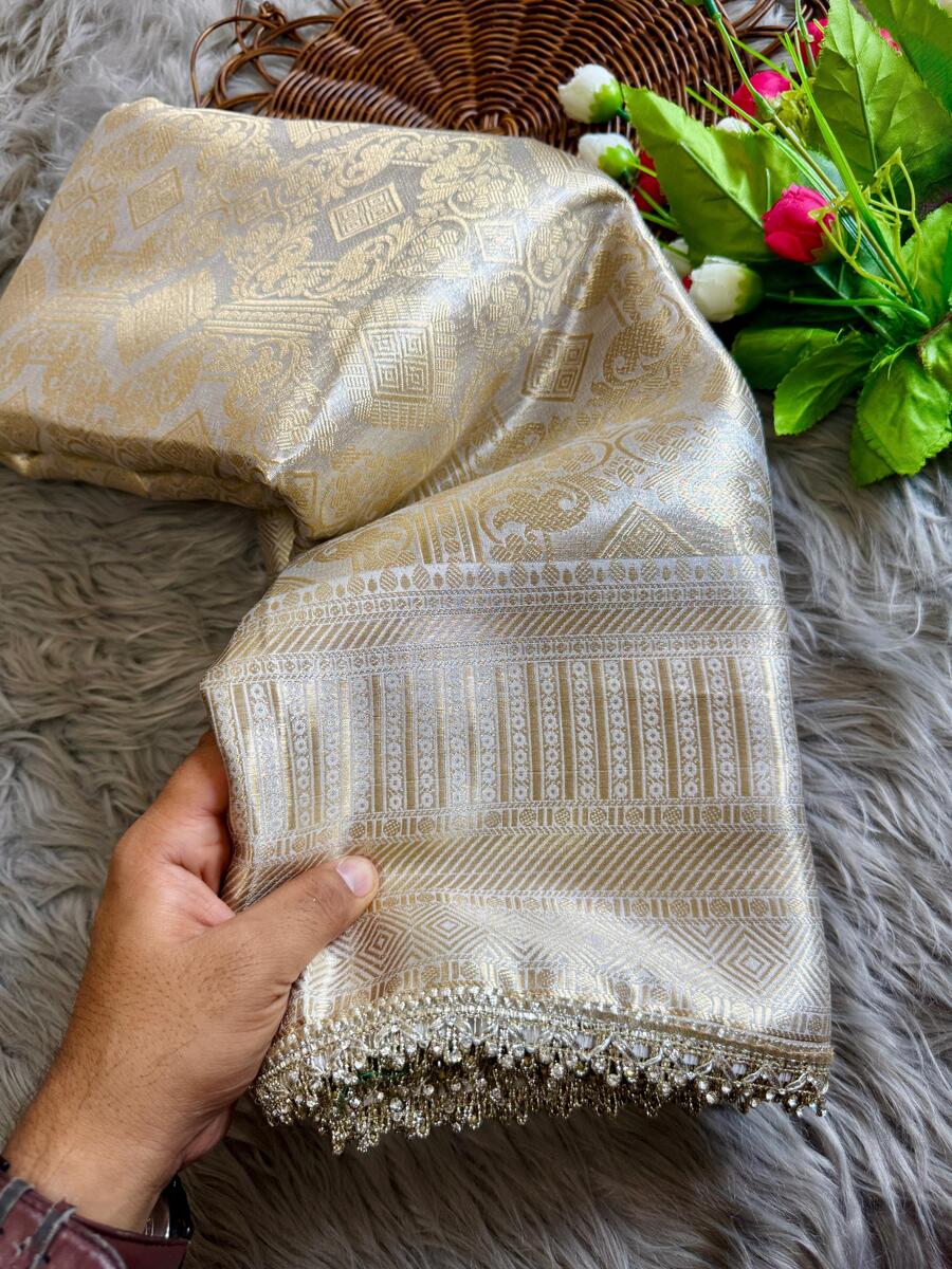Most Flattering Beige Soft Tissue Silk Saree With Prodigal Blouse Piece