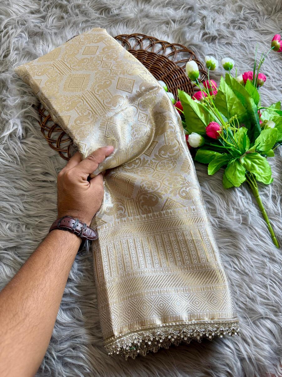 Most Flattering Beige Soft Tissue Silk Saree With Prodigal Blouse Piece