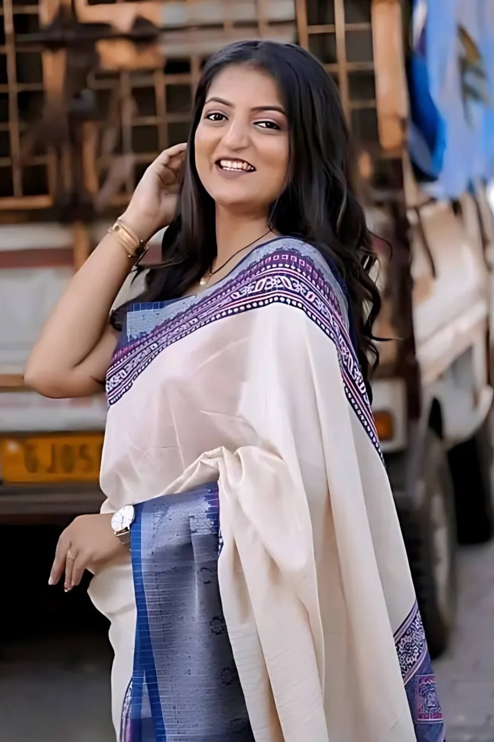 Nemesis Beige Digital Printed Dola Silk Saree With Luxuriant Blouse Piece