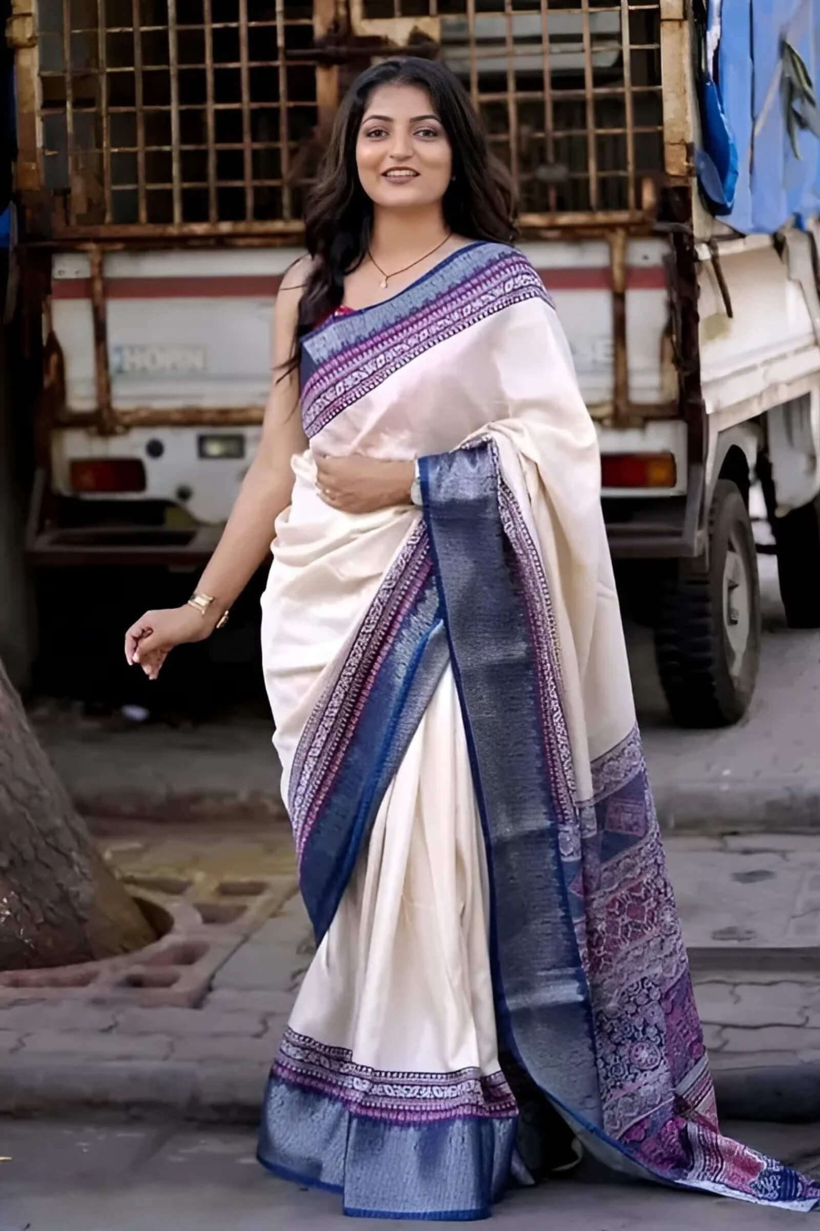 Nemesis Beige Digital Printed Dola Silk Saree With Luxuriant Blouse Piece