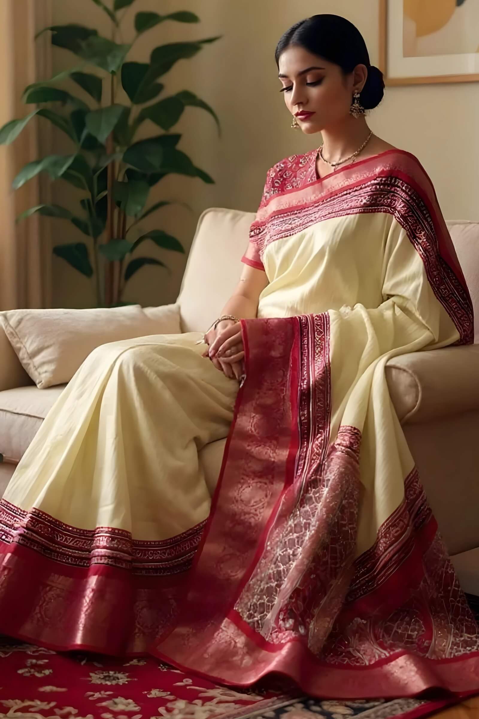 Sensational Beige Digital Printed Dola Silk Saree With Desiring Blouse Piece