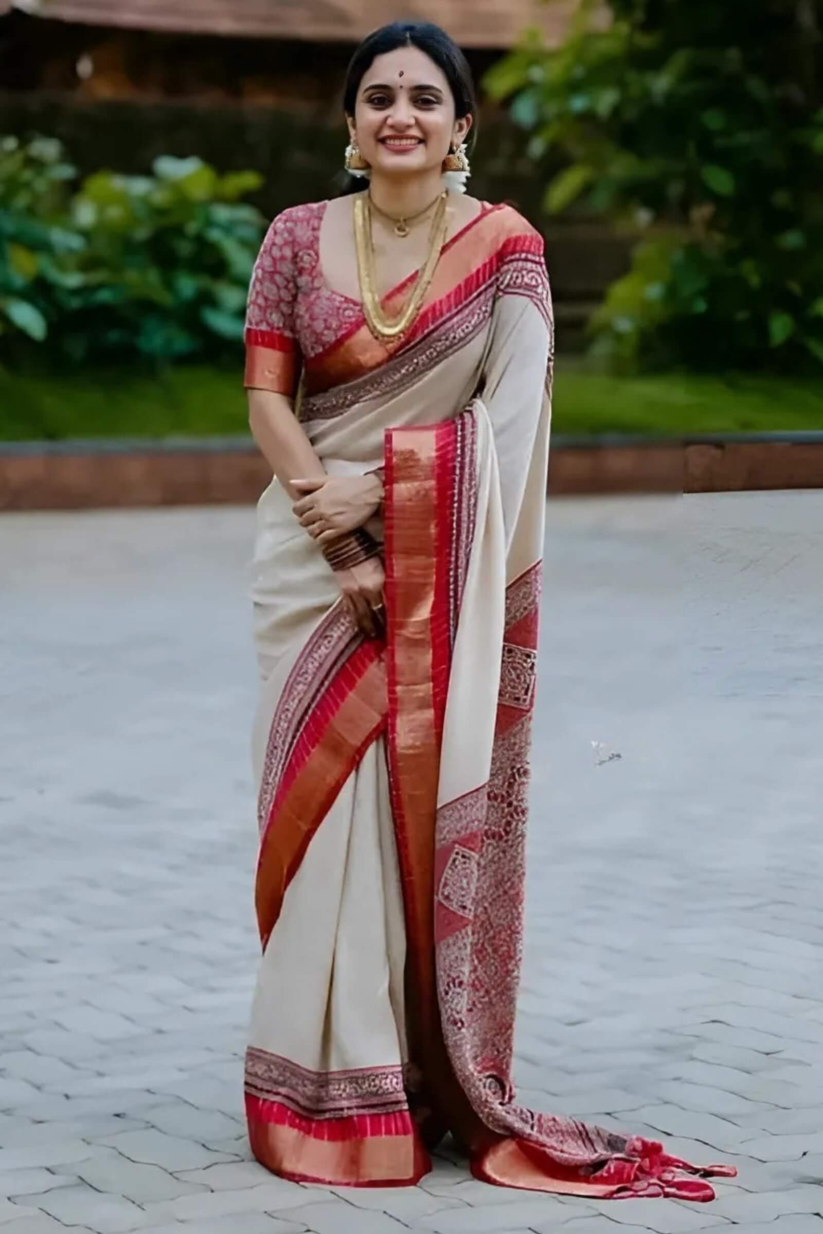 Sensational Beige Digital Printed Dola Silk Saree With Desiring Blouse Piece