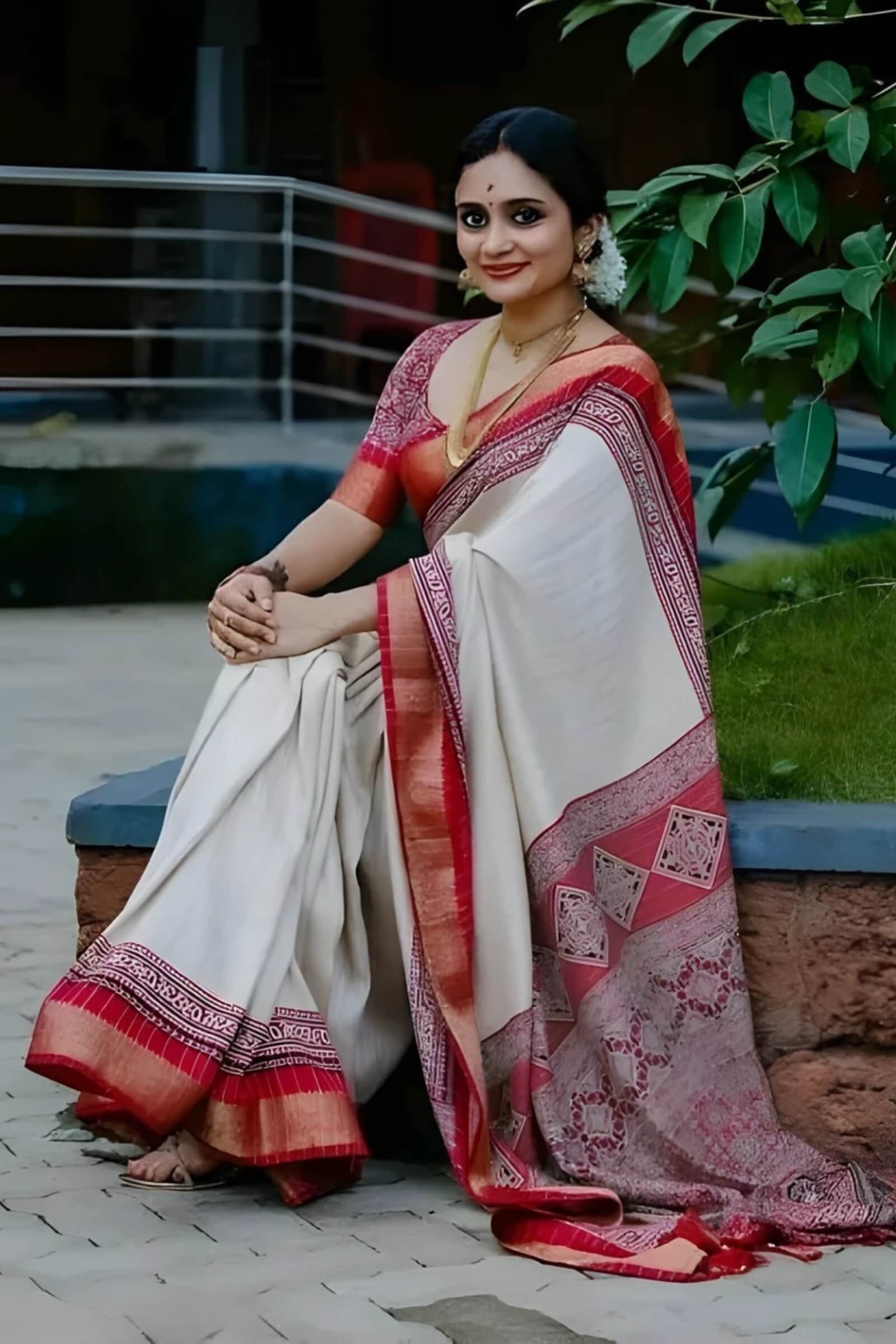 Sensational Beige Digital Printed Dola Silk Saree With Desiring Blouse Piece