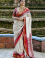 Sensational Beige Digital Printed Dola Silk Saree With Desiring Blouse Piece