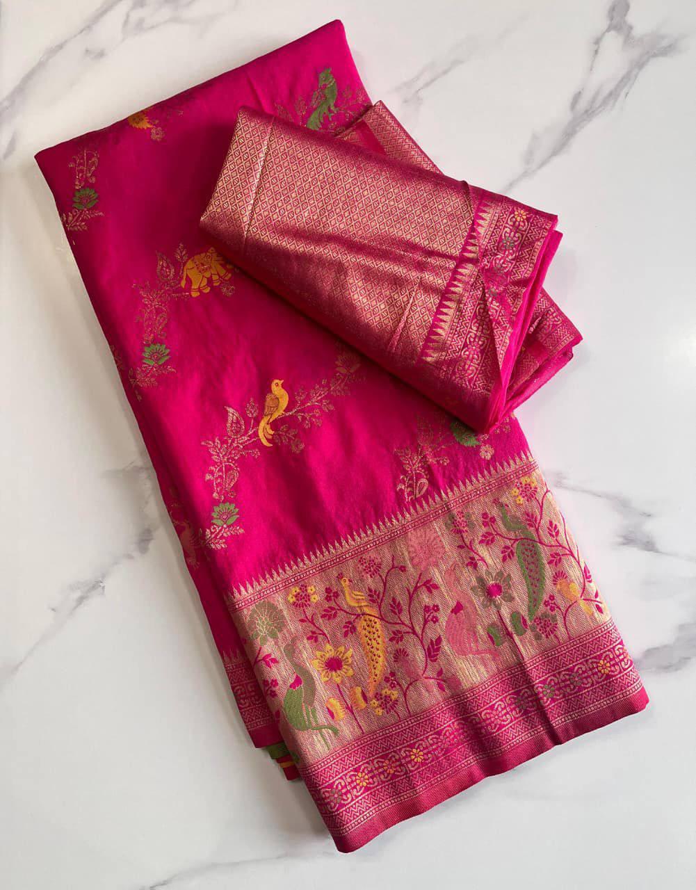 Gratifying Dark Pink Soft Banarasi Silk Saree With Vivacious Blouse Piece