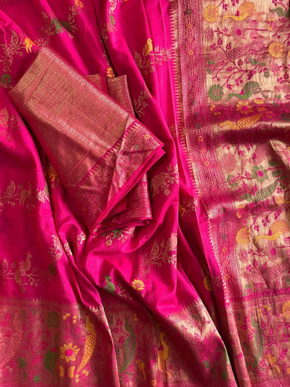 Gratifying Dark Pink Soft Banarasi Silk Saree With Vivacious Blouse Piece
