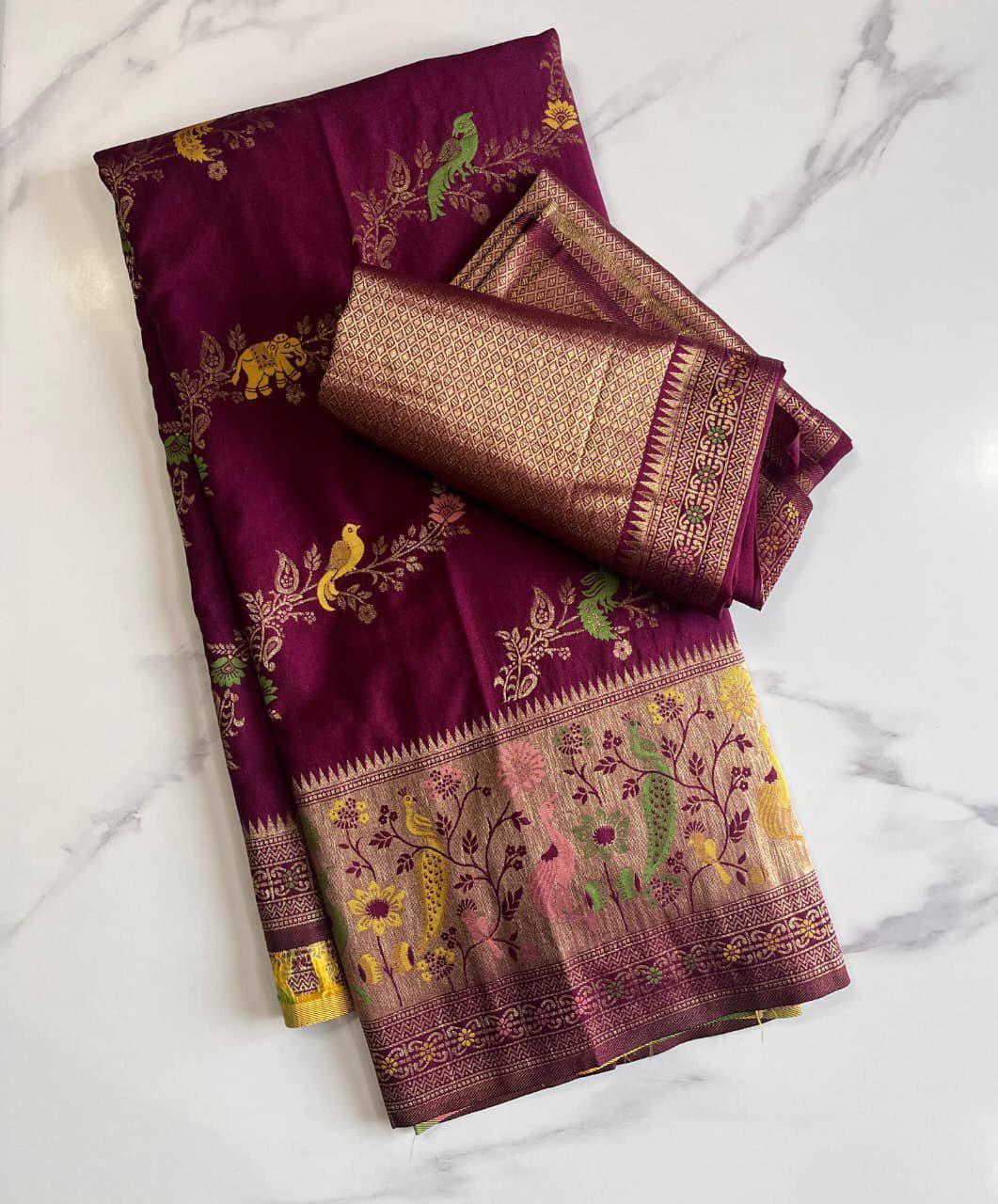 Nectarous Purple Soft Banarasi Silk Saree With Delectable Blouse Piece