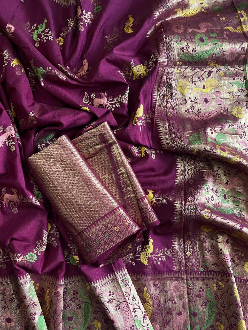 Nectarous Purple Soft Banarasi Silk Saree With Delectable Blouse Piece