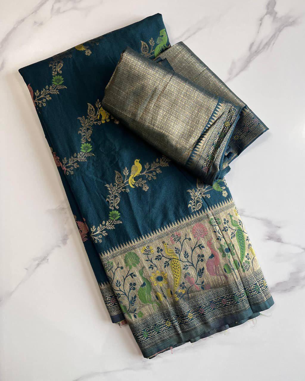 Effervescent Rama Soft Banarasi Silk Saree With Angelic Blouse Piece