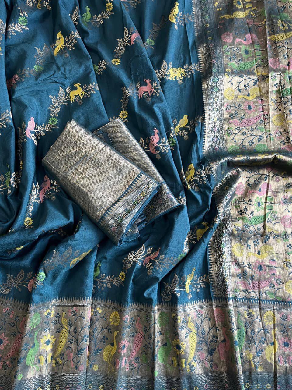 Effervescent Rama Soft Banarasi Silk Saree With Angelic Blouse Piece