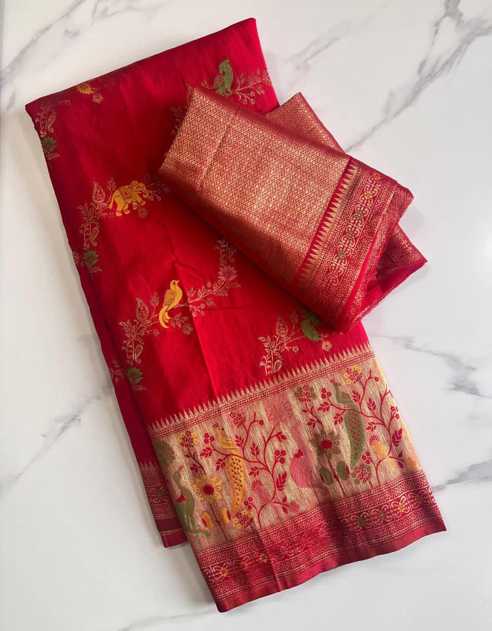Adorable Red Soft Banarasi Silk Saree With Staring Blouse Piece
