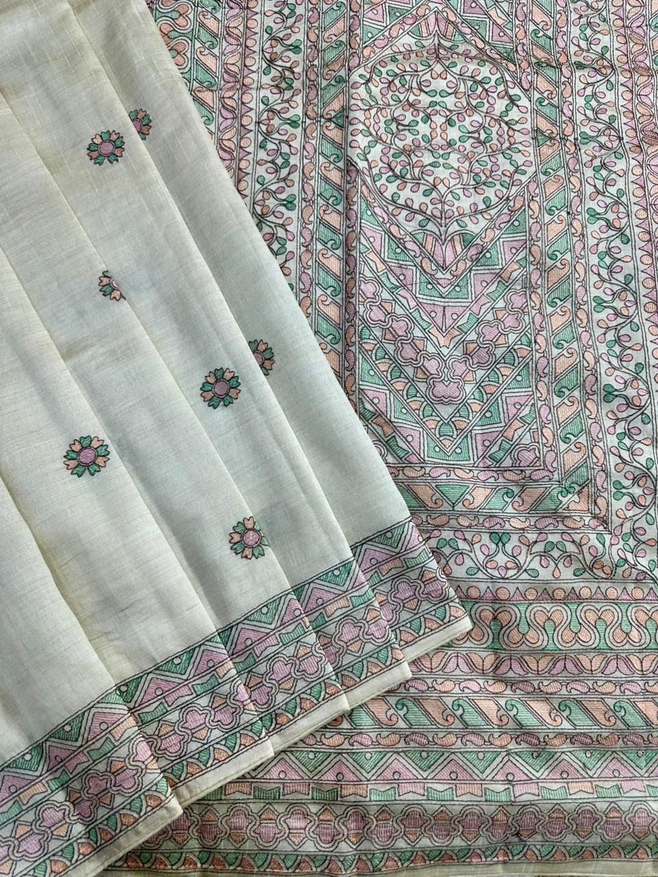 Gossamer Beige Embroidery Work Tussar Silk Saree With Ineffable Blouse Piece