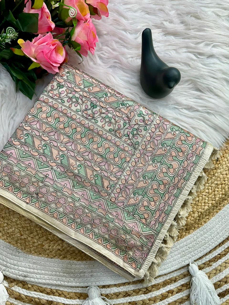 Gossamer Beige Embroidery Work Tussar Silk Saree With Ineffable Blouse Piece