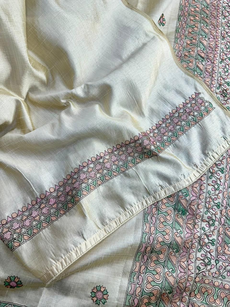 Gossamer Beige Embroidery Work Tussar Silk Saree With Ineffable Blouse Piece