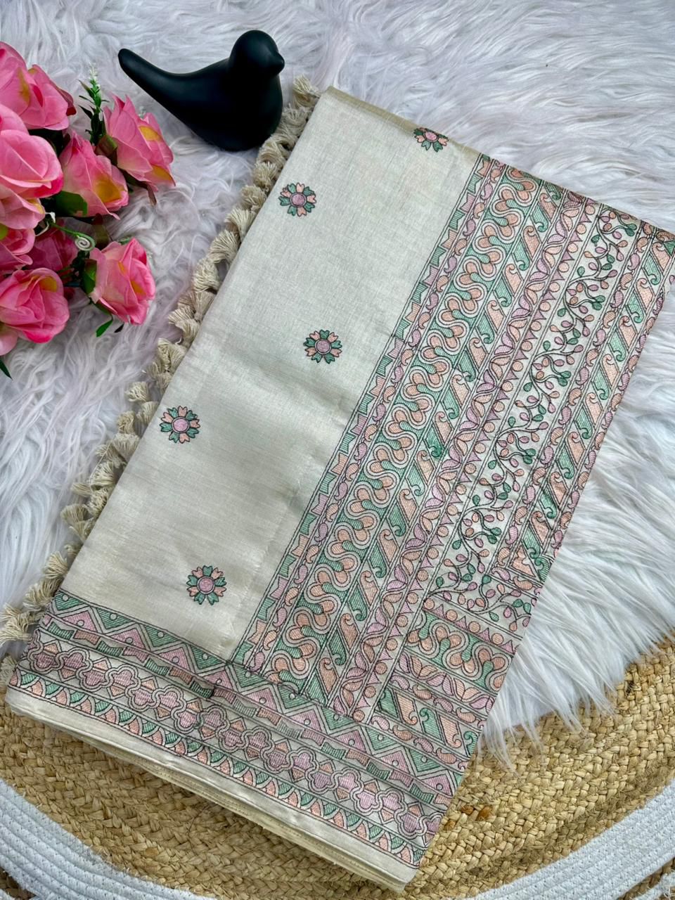 Gossamer Beige Embroidery Work Tussar Silk Saree With Ineffable Blouse Piece