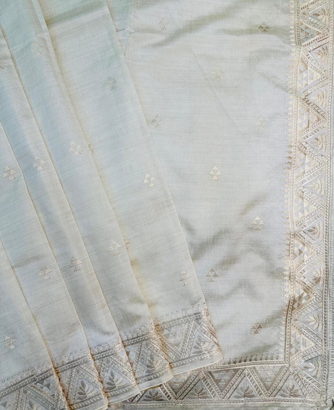 Profuse Beige Embroidery Work Tussar Silk Saree With Scintilla Blouse Piece