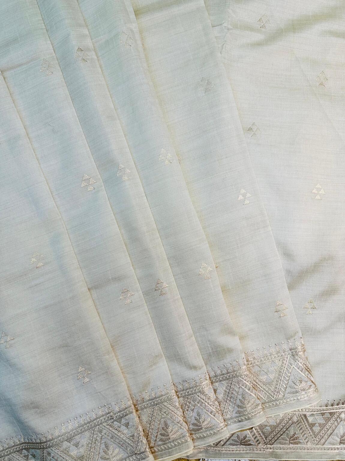 Profuse Beige Embroidery Work Tussar Silk Saree With Scintilla Blouse Piece