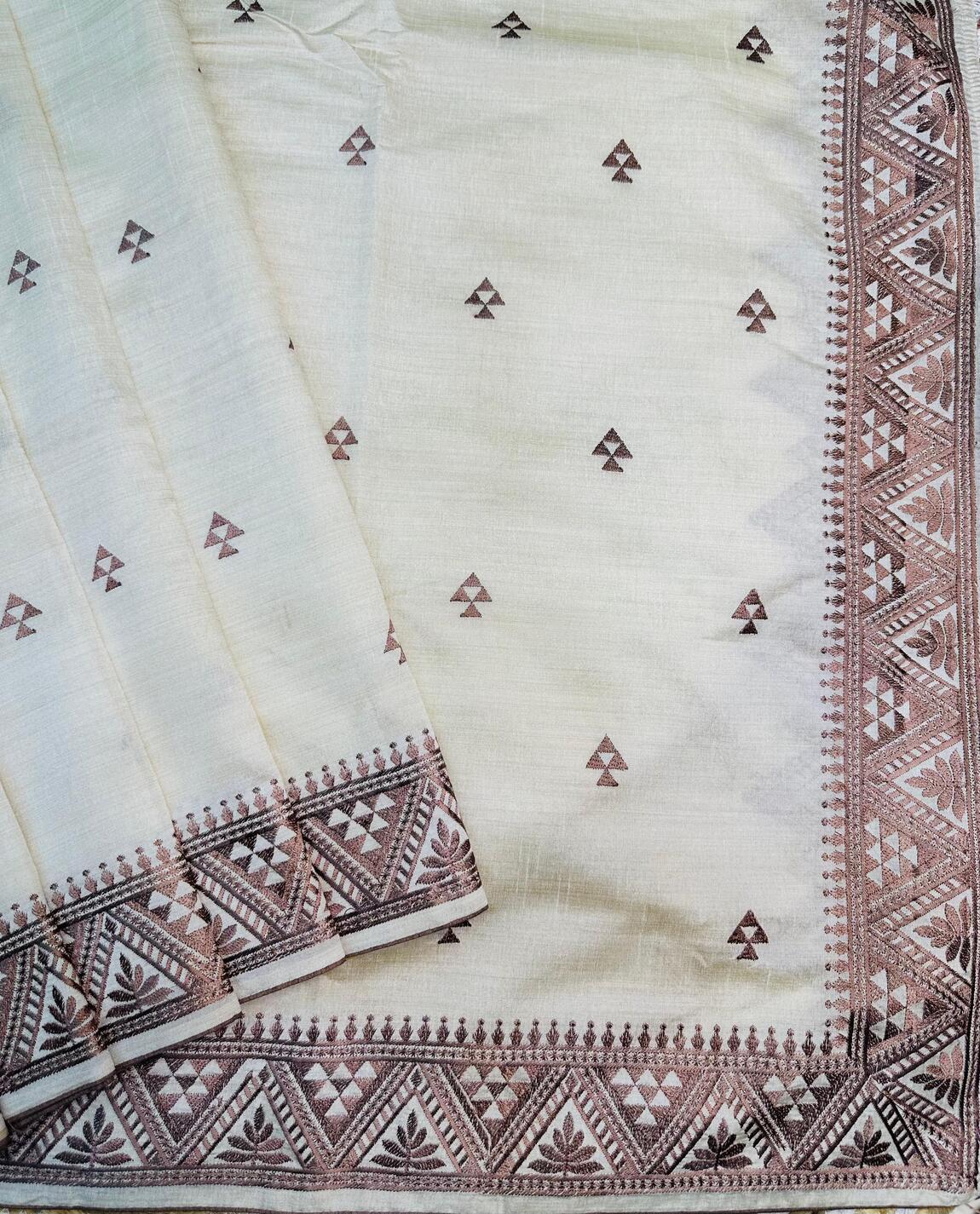 Epiphany Brown Embroidery Work Tussar Silk Saree With Beleaguer Blouse Piece