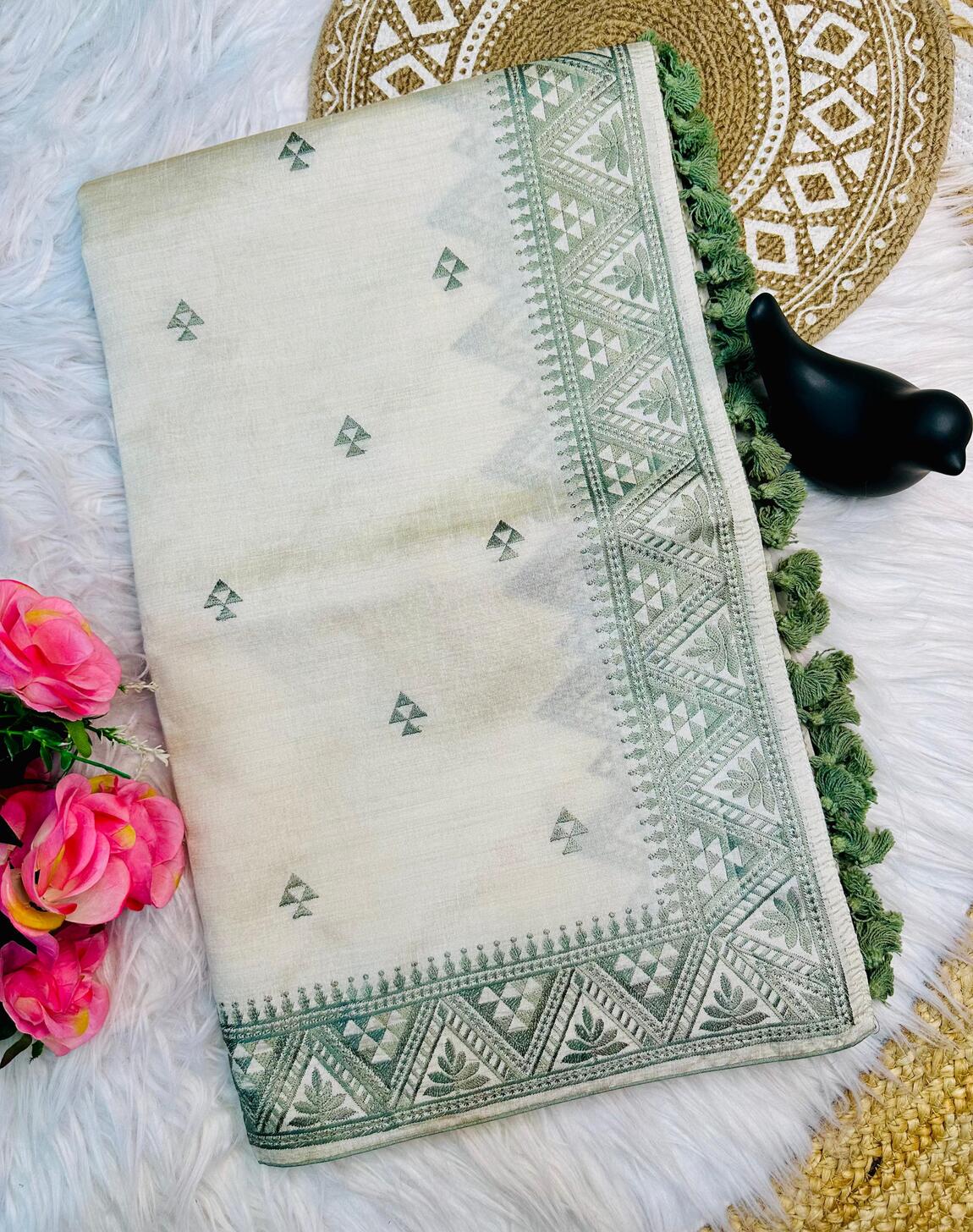 Fairytale Green Embroidery Work Tussar Silk Saree With Majesty Blouse Piece