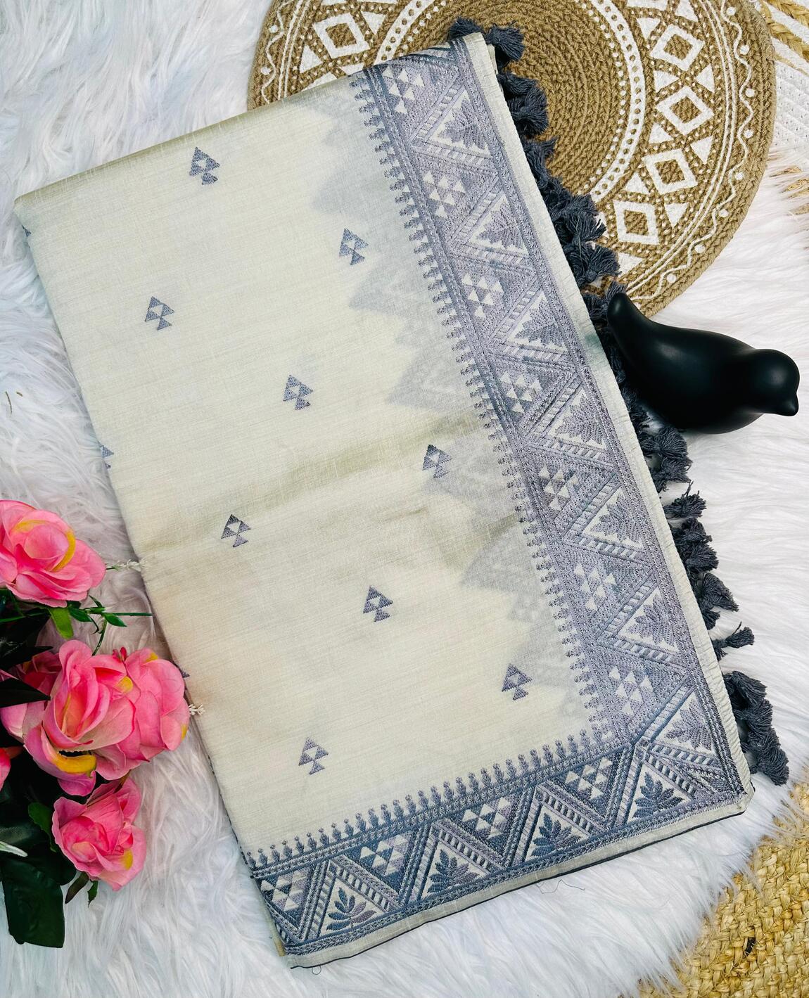 Glowing Grey Embroidery Work Tussar Silk Saree With Refreshing Blouse Piece