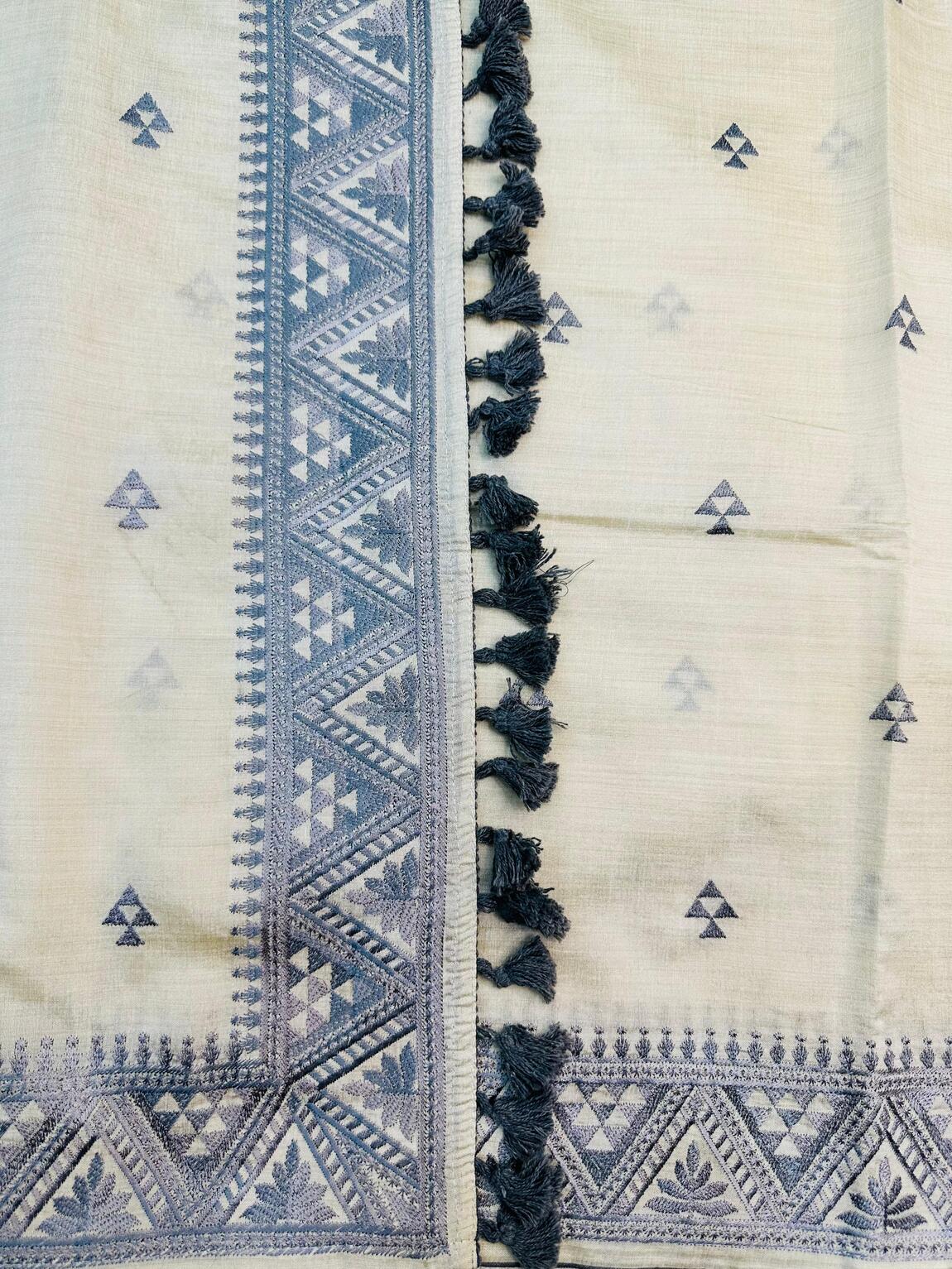 Glowing Grey Embroidery Work Tussar Silk Saree With Refreshing Blouse Piece