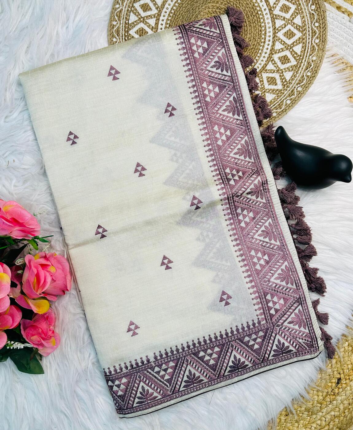 Innovative Purple Embroidery Work Tussar Silk Saree With Susurrous Blouse Piece