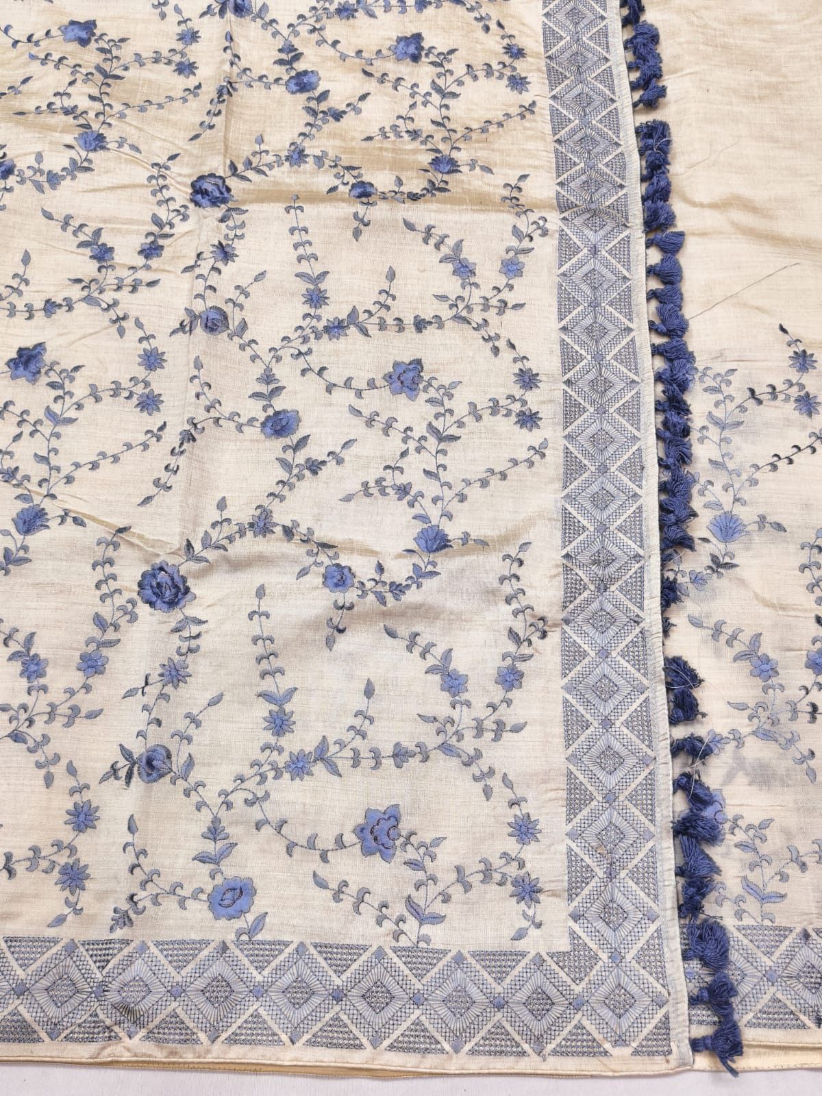 Artistic Blue Embroidery Work Tussar Silk Saree With Tremendous Blouse Piece