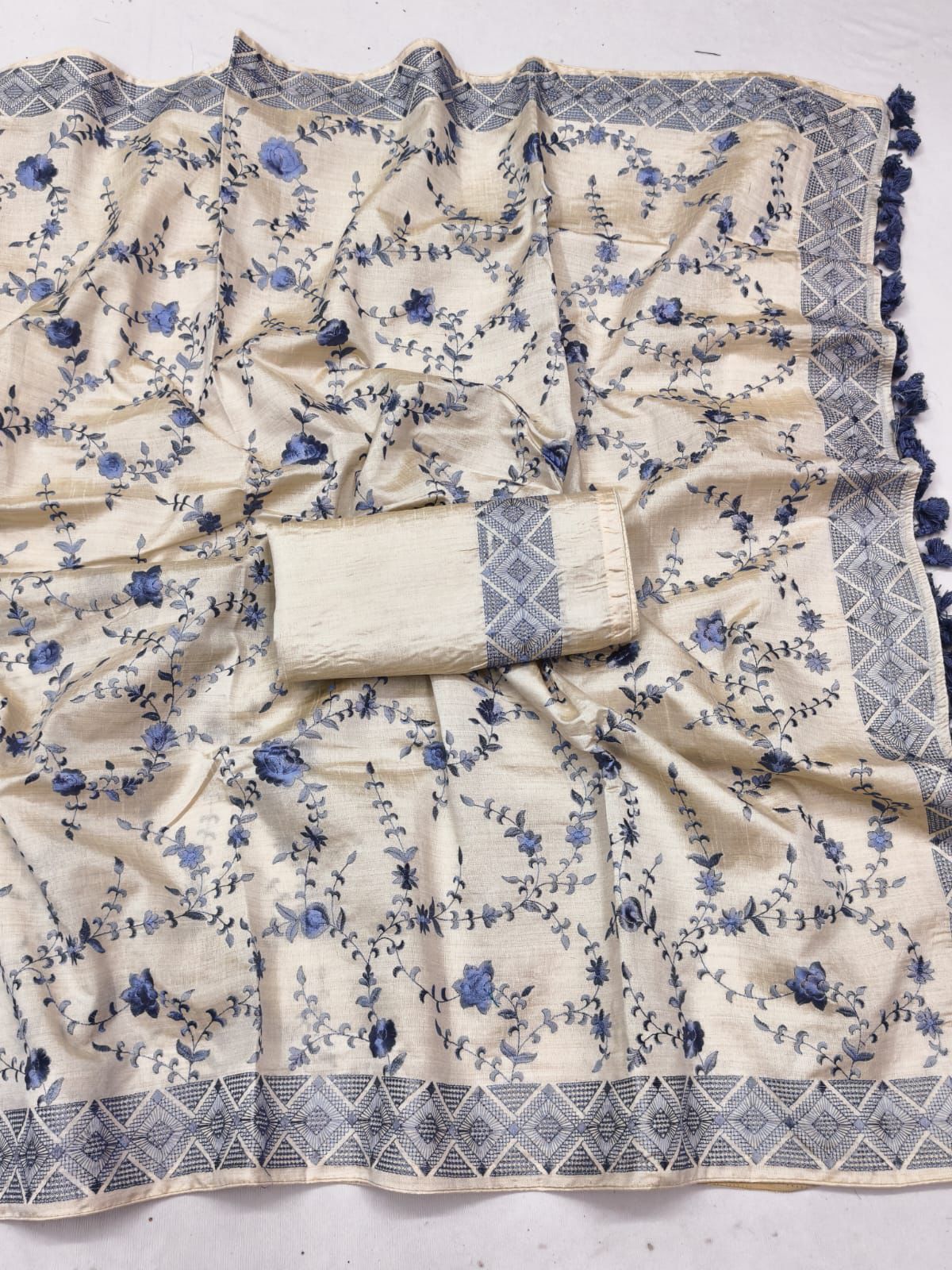 Artistic Blue Embroidery Work Tussar Silk Saree With Tremendous Blouse Piece