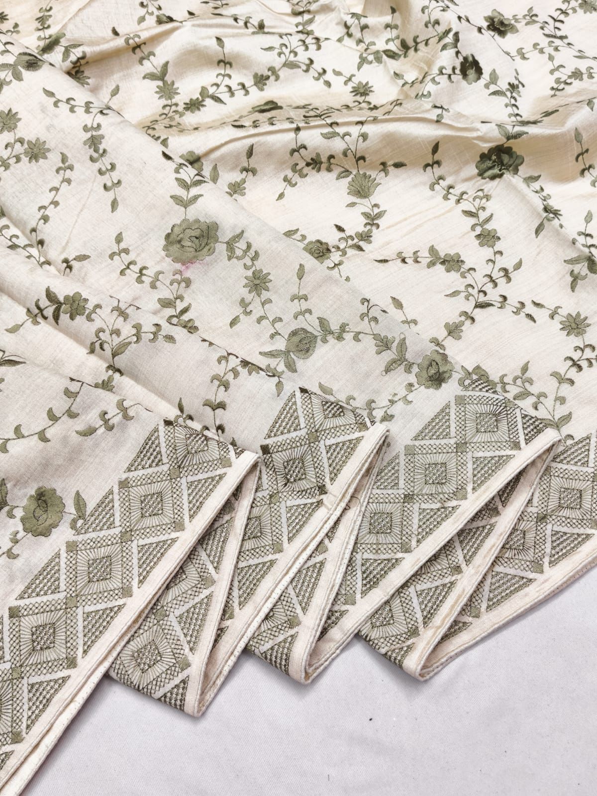 Whimsical Green Embroidery Work Tussar Silk Saree With Rhapsody Blouse Piece