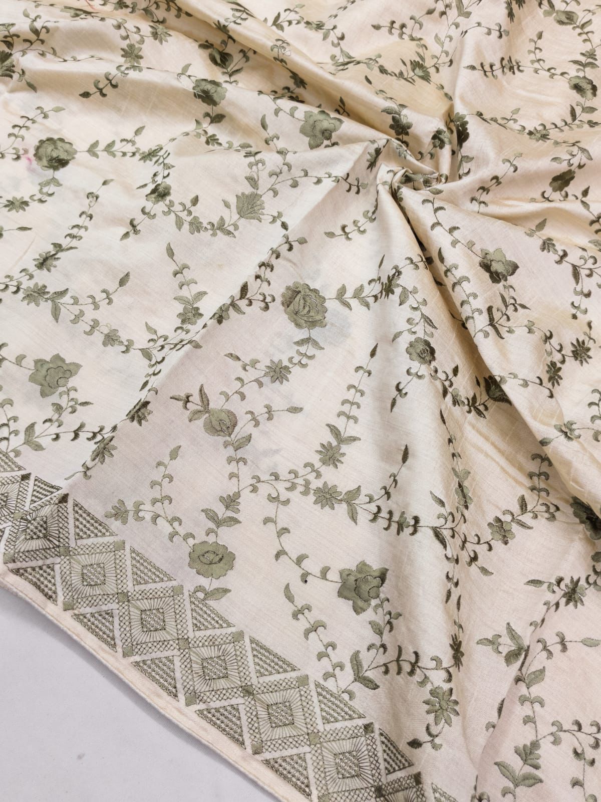 Whimsical Green Embroidery Work Tussar Silk Saree With Rhapsody Blouse Piece