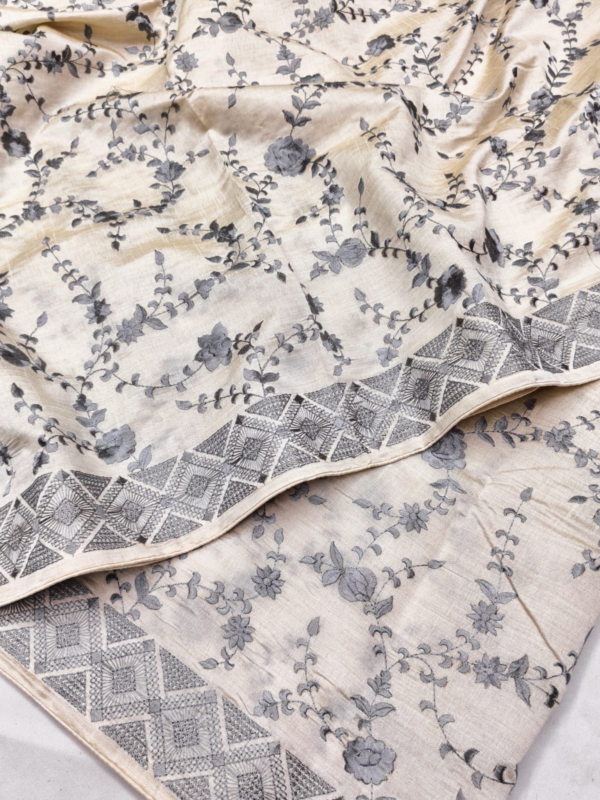 Sonorous Grey Embroidery Work Tussar Silk Saree With Resplendent Blouse Piece