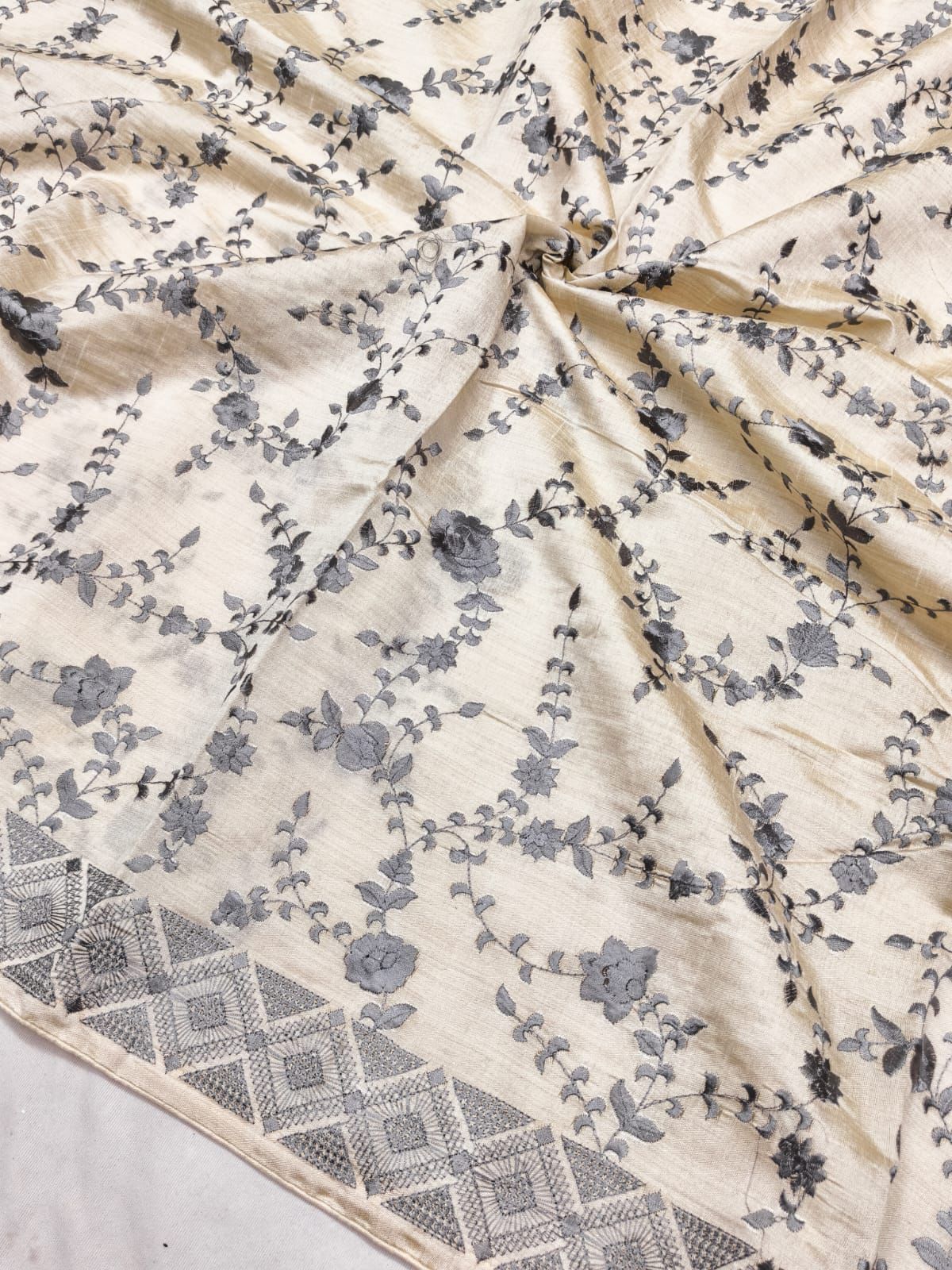 Sonorous Grey Embroidery Work Tussar Silk Saree With Resplendent Blouse Piece