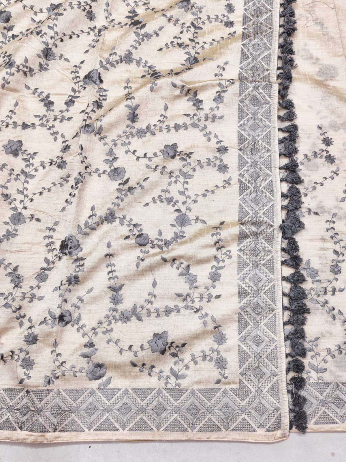 Sonorous Grey Embroidery Work Tussar Silk Saree With Resplendent Blouse Piece