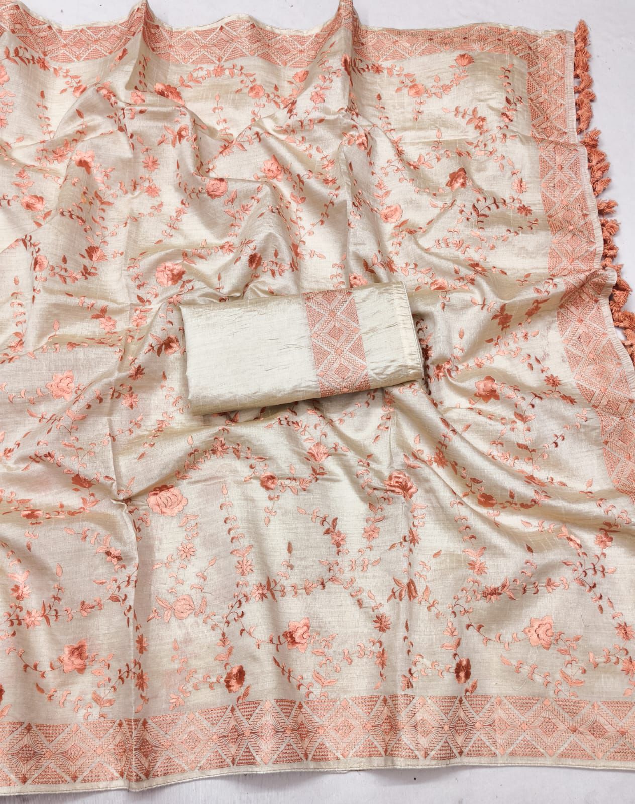 Snappy Orange Embroidery Work Tussar Silk Saree With Panoply Blouse Piece