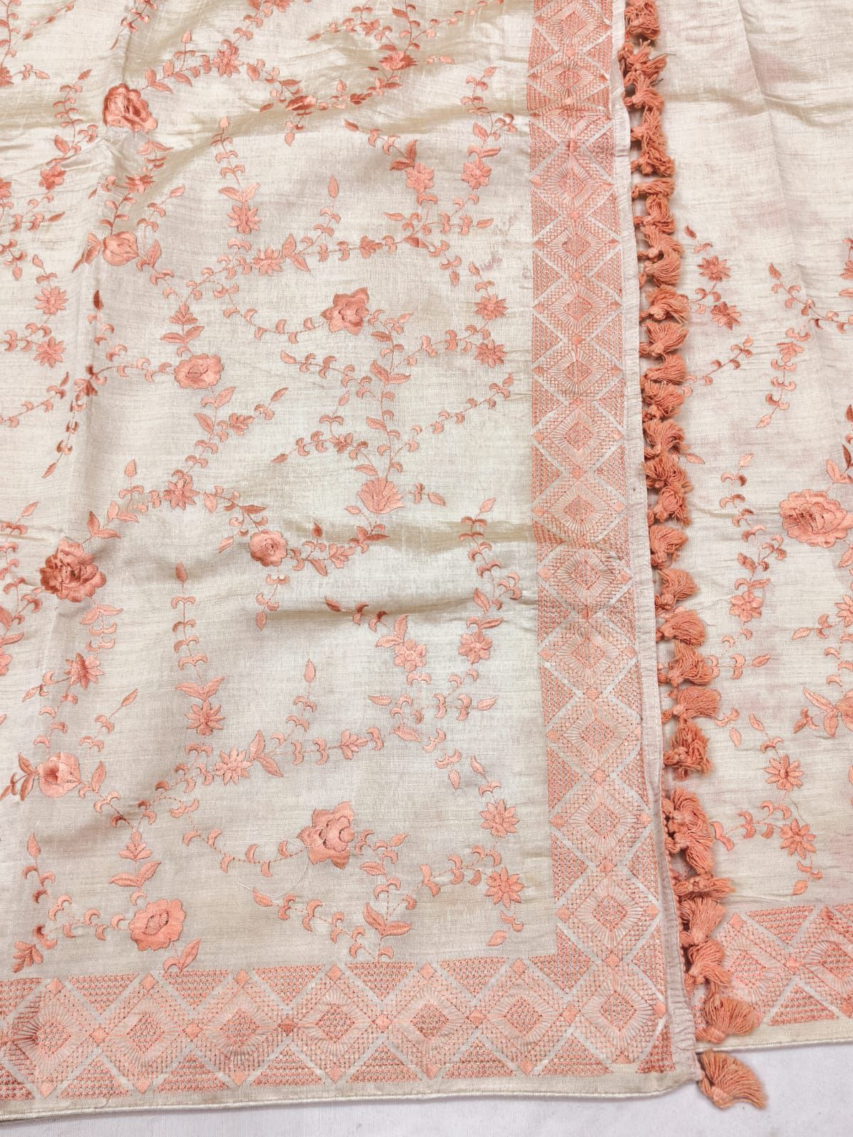 Snappy Orange Embroidery Work Tussar Silk Saree With Panoply Blouse Piece