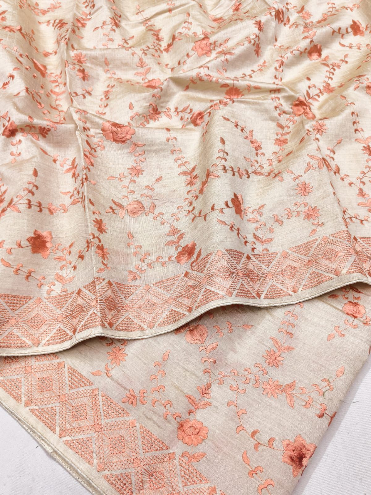 Snappy Orange Embroidery Work Tussar Silk Saree With Panoply Blouse Piece