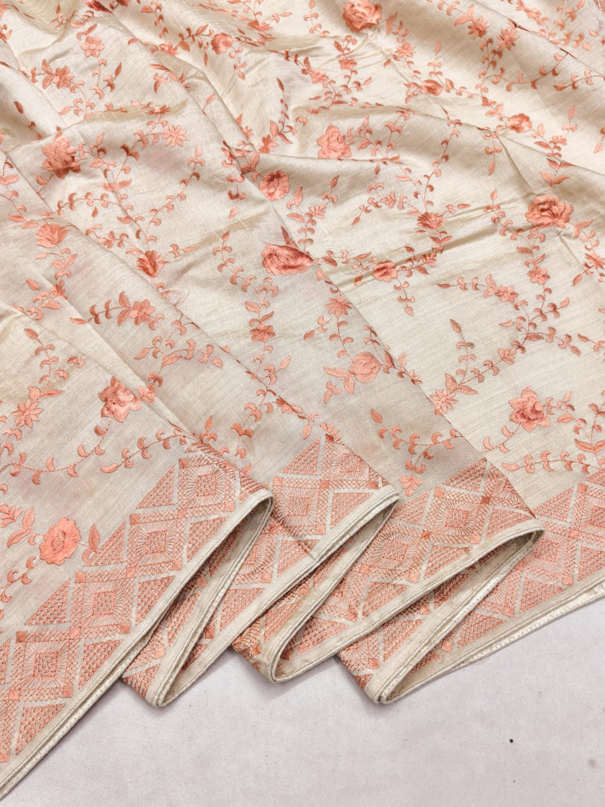 Snappy Orange Embroidery Work Tussar Silk Saree With Panoply Blouse Piece