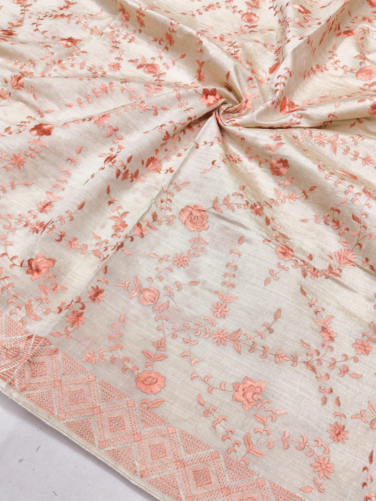 Snappy Orange Embroidery Work Tussar Silk Saree With Panoply Blouse Piece