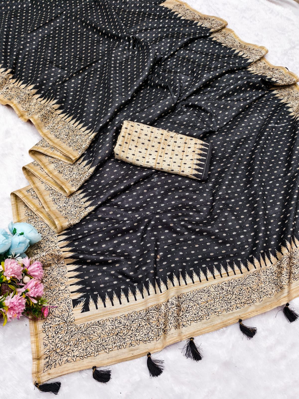 Ephemeral Black Embroidery Work Tussar Silk Saree With Fancifull Blouse Piece