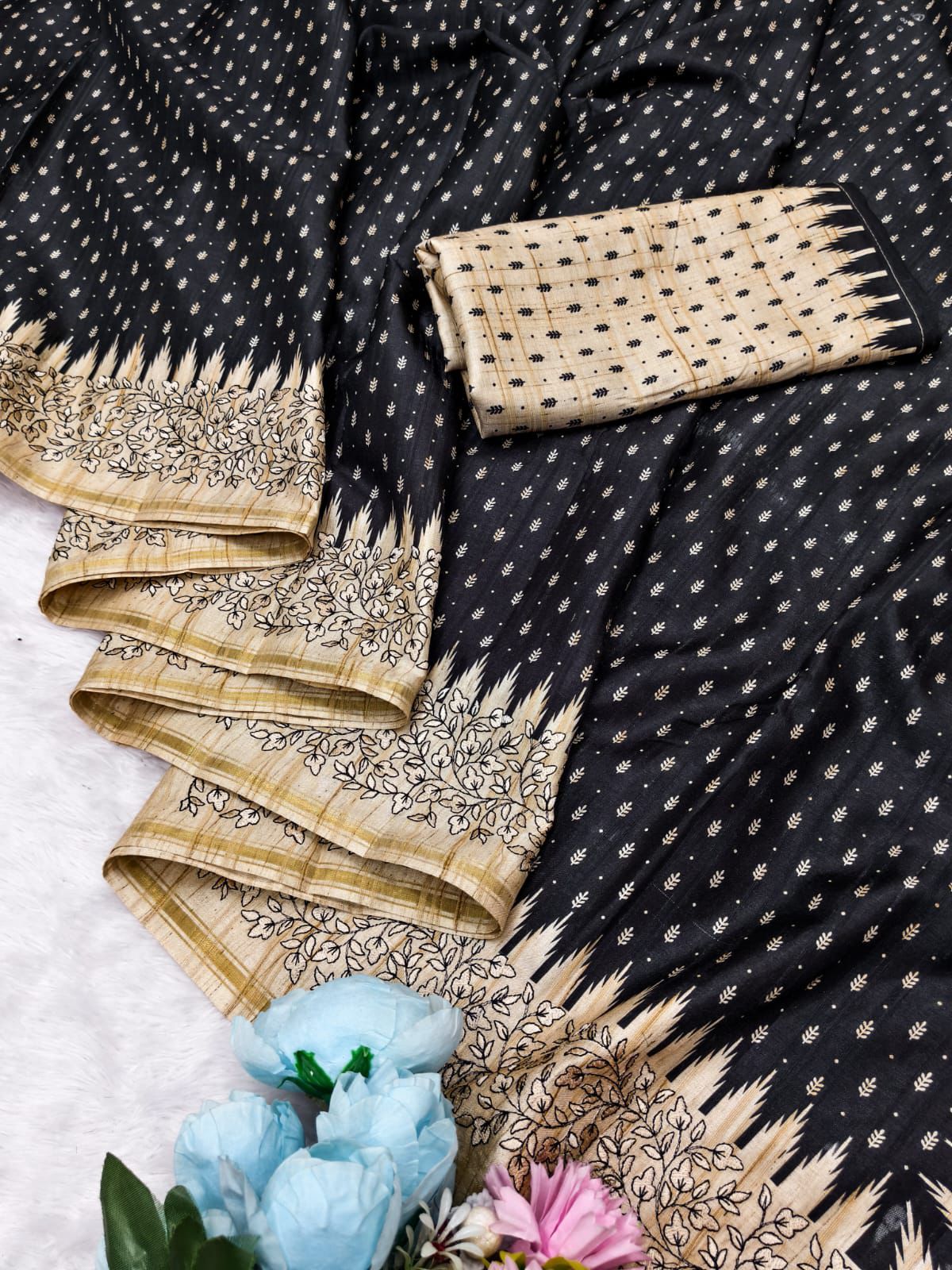 Ephemeral Black Embroidery Work Tussar Silk Saree With Fancifull Blouse Piece