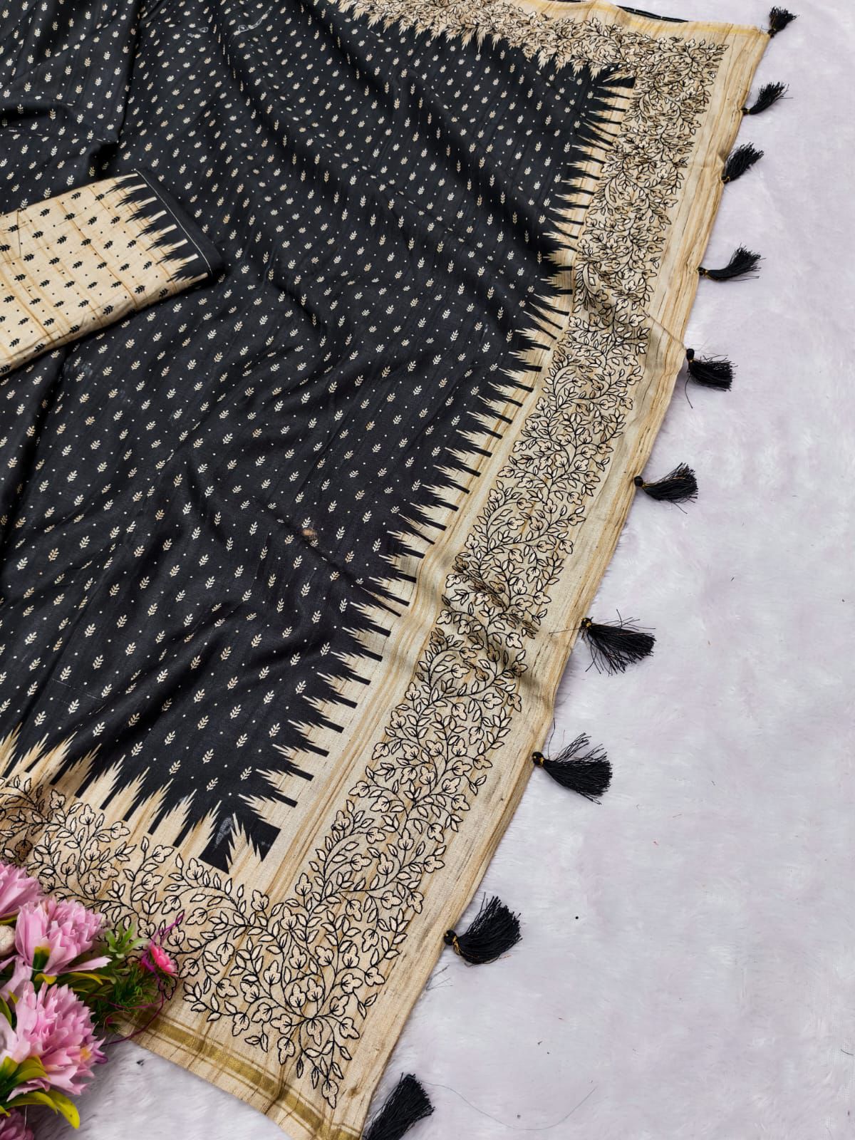 Ephemeral Black Embroidery Work Tussar Silk Saree With Fancifull Blouse Piece