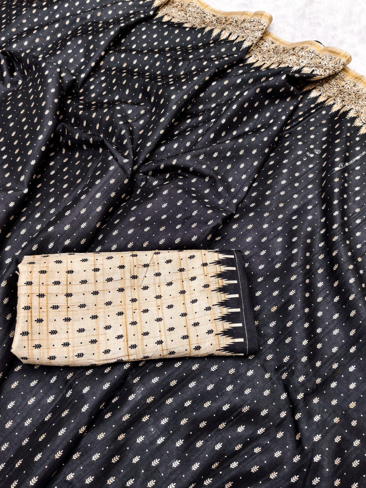 Ephemeral Black Embroidery Work Tussar Silk Saree With Fancifull Blouse Piece