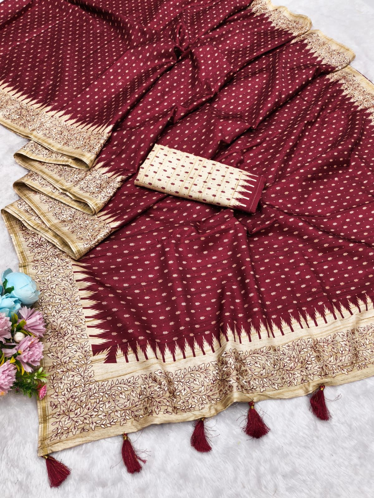 Rhapsodic Maroon Embroidery Work Tussar Silk Saree With Winsome Blouse Piece